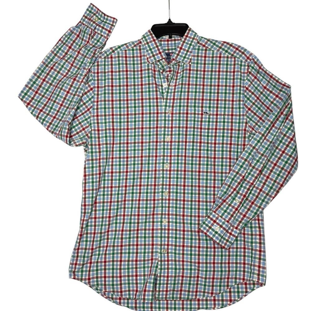 Vineyard Vines Men Med Green Checked Classic Fit Tucker Shirt button up Casual